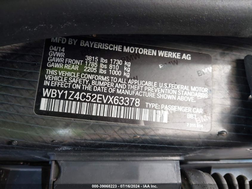 WBY1Z4C52EVX63378 2014 BMW I3 Base W/Range Extender