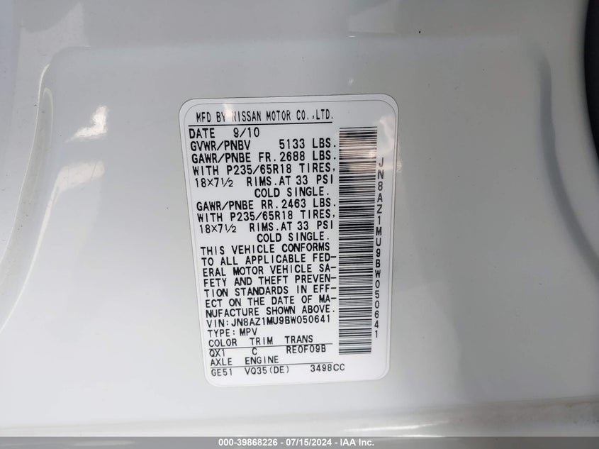 2011 Nissan Murano Sl VIN: JN8AZ1MU9BW050641 Lot: 39868226