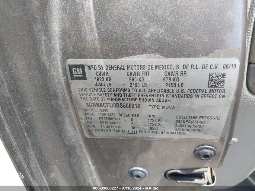 2011 Chevrolet Hhr Lt VIN: 3GNBACFU0BS500910 Lot: 39868227