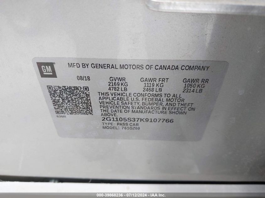 2019 Chevrolet Impala Premier VIN: 2G1105S37K9107766 Lot: 39868236