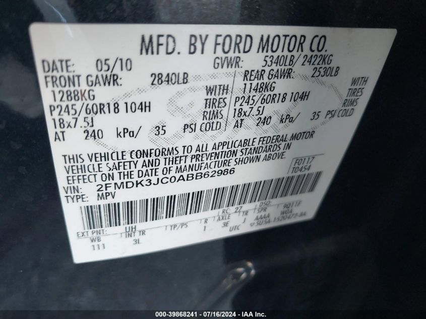 2010 Ford Edge Sel VIN: 2FMDK3JC0ABB62986 Lot: 39868241