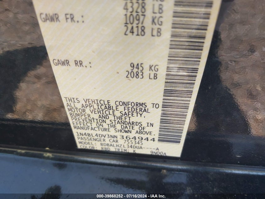 2022 Nissan Altima Sv Fwd VIN: 1N4BL4DV3NN364944 Lot: 39868252