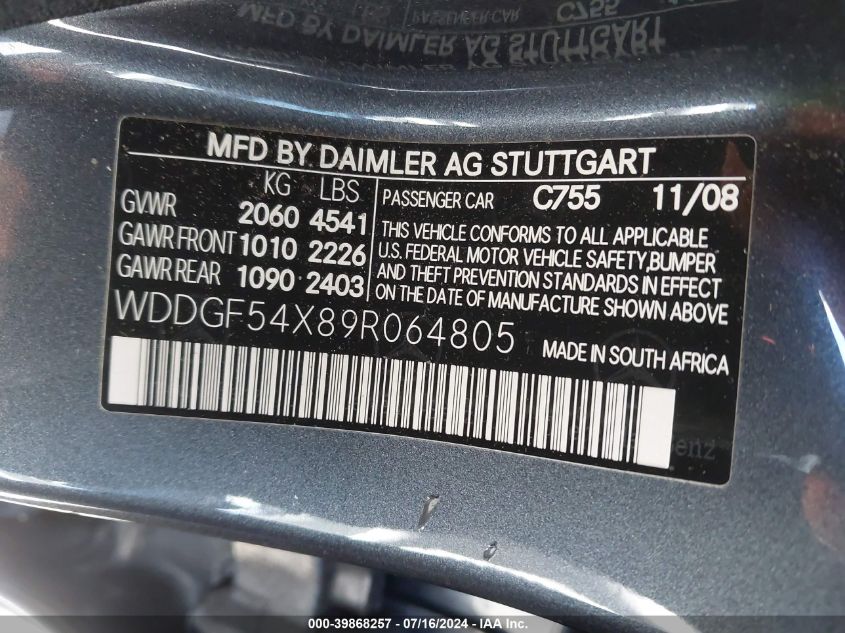 2009 Mercedes-Benz C 300 Luxury/Sport VIN: WDDGF54X89R064805 Lot: 39868257