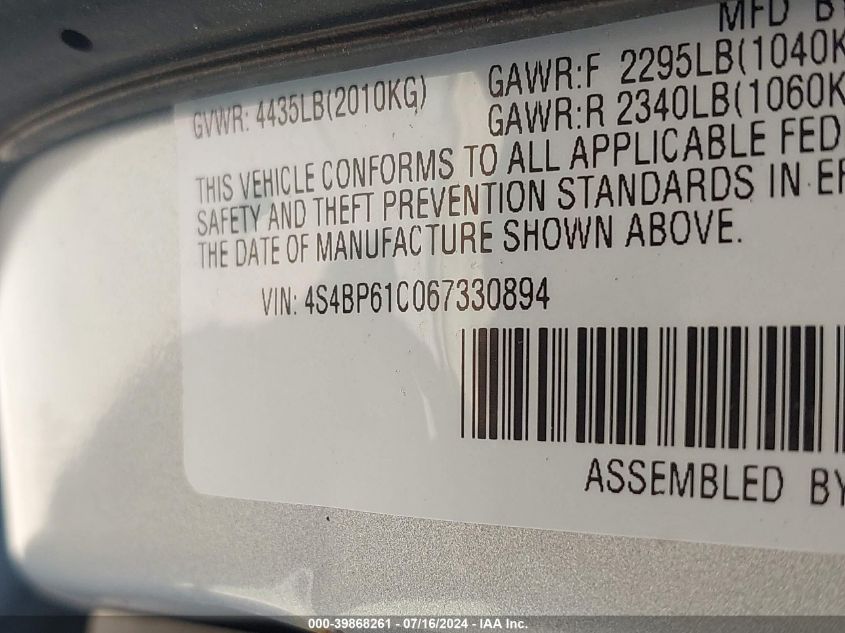 2006 Subaru Outback 2.5I VIN: 4S4BP61C067330894 Lot: 39868261