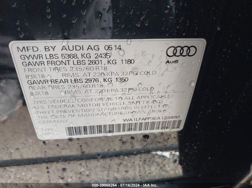 2014 Audi Q5 Premium Plus VIN: WA1LFAFP3EA123860 Lot: 39868264