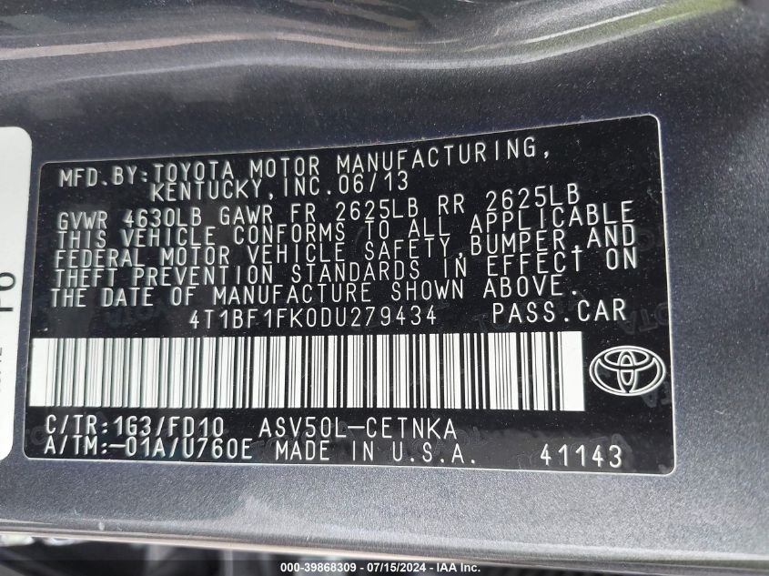 2013 Toyota Camry Le VIN: 4T1BF1FK0DU279434 Lot: 39868309