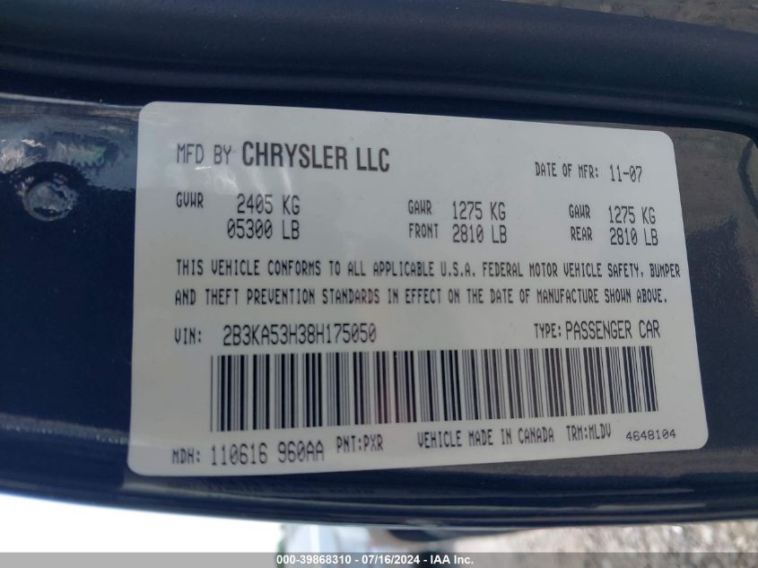 2008 Dodge Charger R/T VIN: 2B3KA53H38H175050 Lot: 39868310