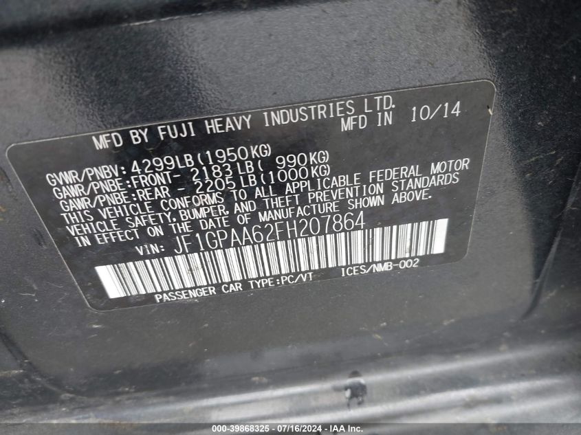 2015 Subaru Impreza VIN: JF1GPAA62FH207864 Lot: 39868325