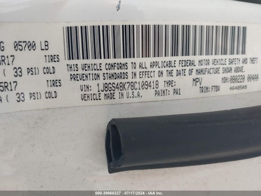 2008 Jeep Grand Cherokee Laredo VIN: 1J8GS48K78C109418 Lot: 39868327