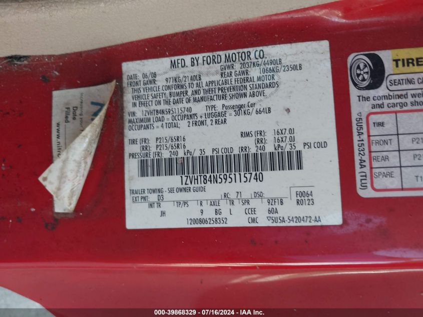2009 Ford Mustang V6/V6 Premium VIN: 1ZVHT84N595115740 Lot: 39868329