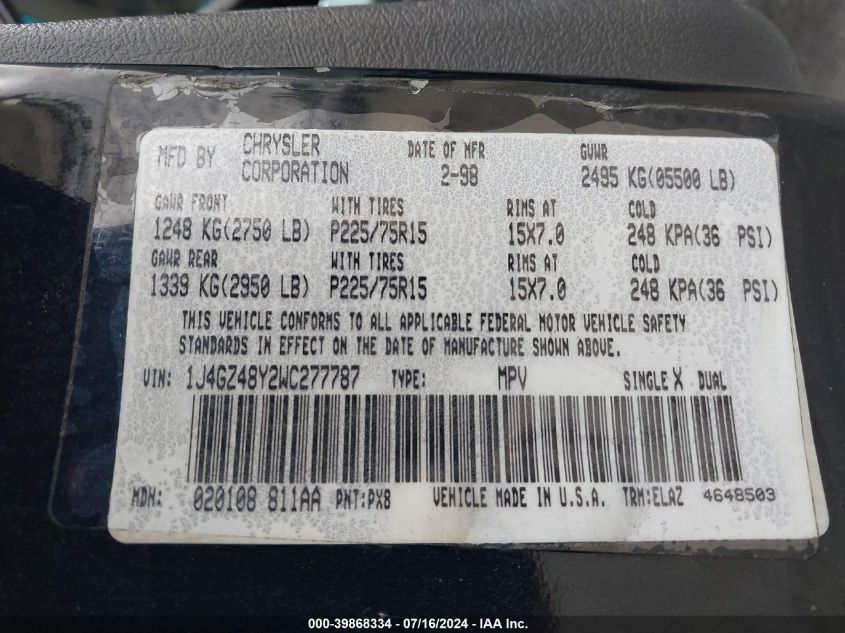 1998 Jeep Grand Cherokee Laredo/Special VIN: 1J4GZ48Y2WC277787 Lot: 39868334