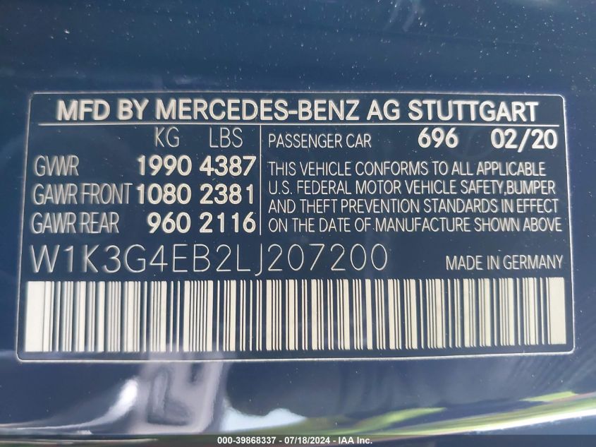 2020 Mercedes-Benz A 220 220 VIN: W1K3G4EB2LJ207200 Lot: 39868337