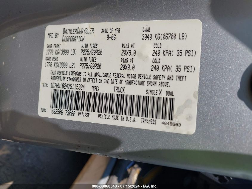 2007 Dodge Ram 1500 Slt/Trx4 Off Road/Sport VIN: 1D7HU18247S115384 Lot: 39868340