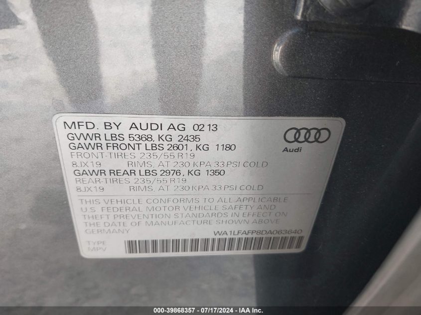 2013 Audi Q5 2.0T Premium VIN: WA1LFAFP8DA063640 Lot: 39868357