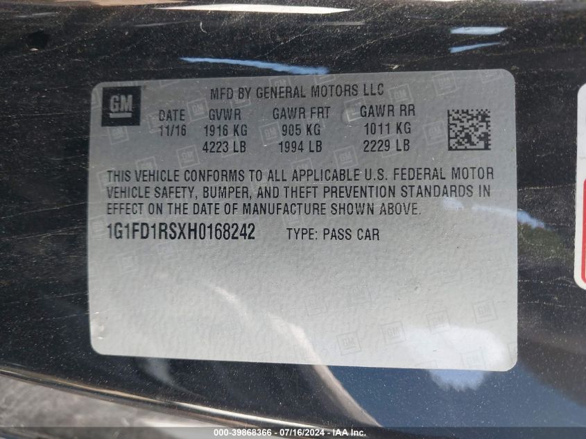 2017 Chevrolet Camaro 2Lt VIN: 1G1FD1RSXH0168242 Lot: 39868366