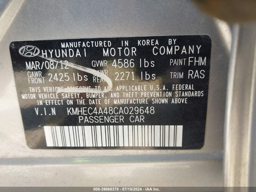 2012 Hyundai Sonata Hybrid VIN: KMHEC4A48CA029648 Lot: 39868378