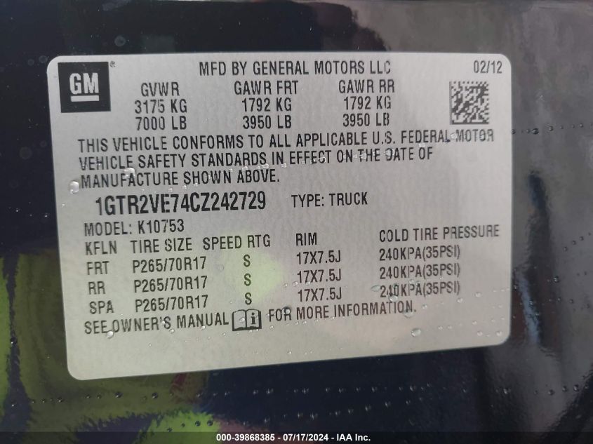 2012 GMC Sierra 1500 Sle VIN: 1GTR2VE74CZ242729 Lot: 39868385