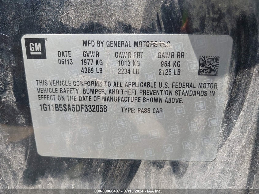 2013 Chevrolet Malibu 1Ls VIN: 1G11B5SA5DF332058 Lot: 39868407