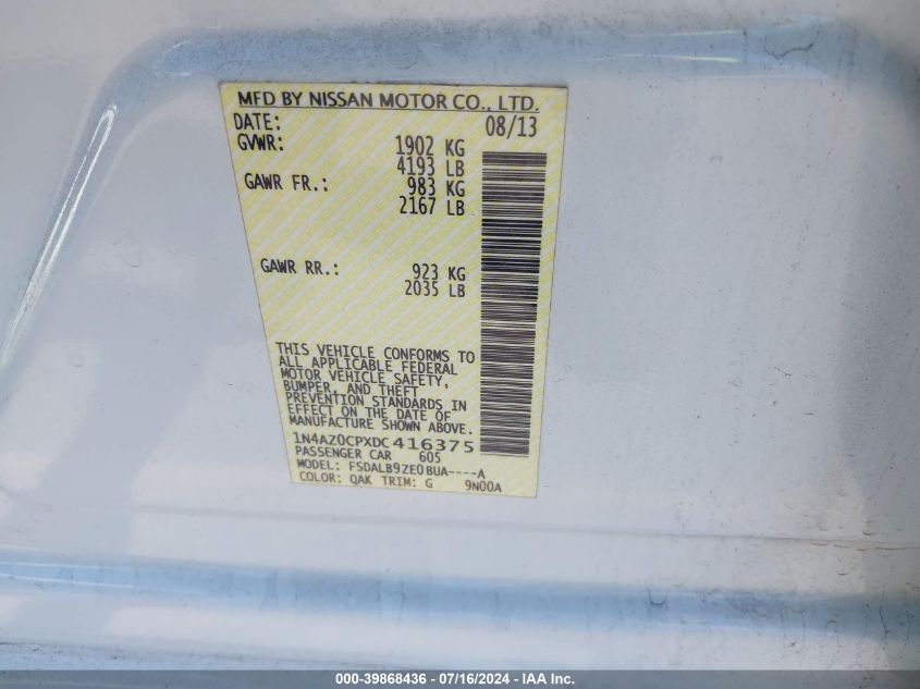 2013 Nissan Leaf S VIN: 1N4AZ0CPXDC416375 Lot: 39868436