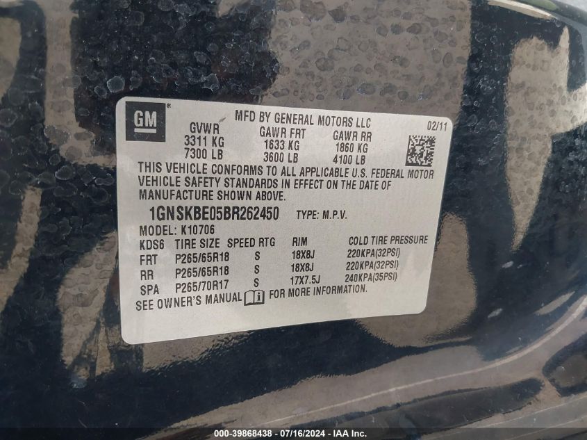2011 Chevrolet Tahoe Lt VIN: 1GNSKBE05BR262450 Lot: 39868438
