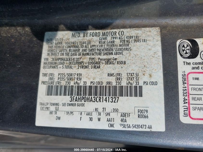 2012 Ford Fusion Se VIN: 3FAHP0HA3CR141327 Lot: 39868440