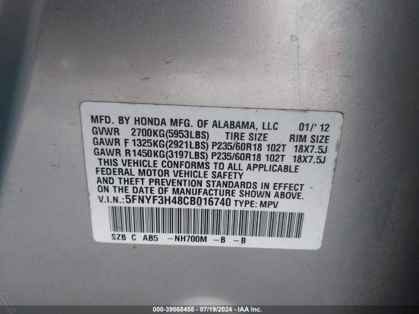 2012 Honda Pilot Ex VIN: 5FNYF3H48CB016740 Lot: 39868455