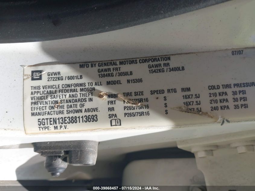 2008 Hummer H3 Suv VIN: 5GTEN13E388113693 Lot: 39868457