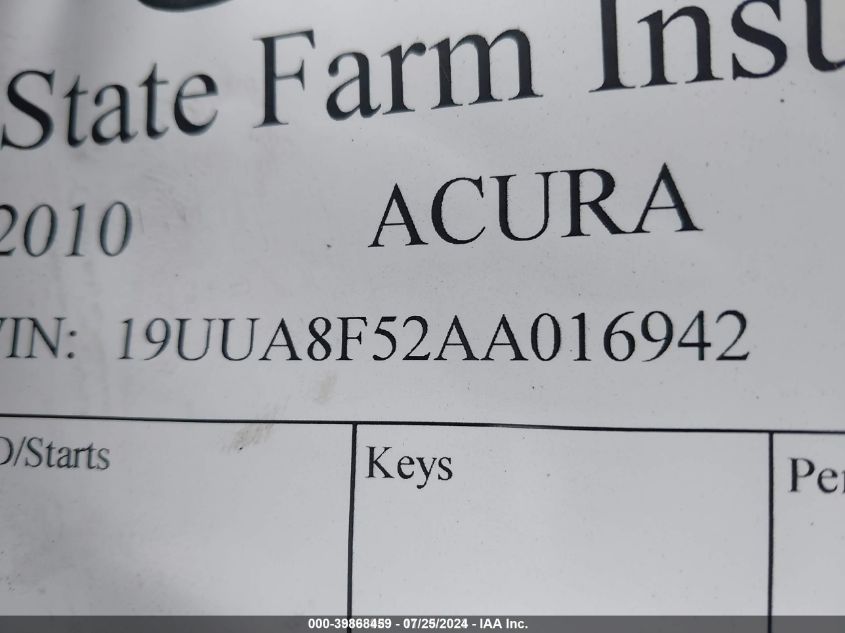 2010 Acura Tl 3.5 VIN: 19UUA8F52AA016942 Lot: 39868459