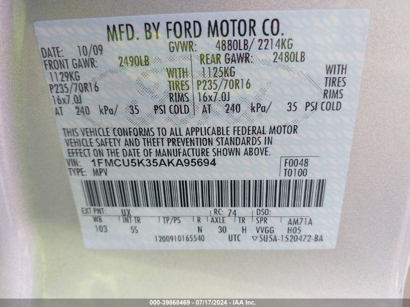 2010 Ford Escape Hybrid VIN: 1FMCU5K35AKA95694 Lot: 39868469