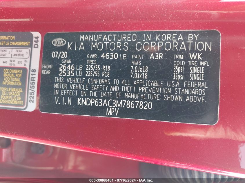 2021 Kia Sportage S VIN: KNDP63AC3M7867820 Lot: 39868481