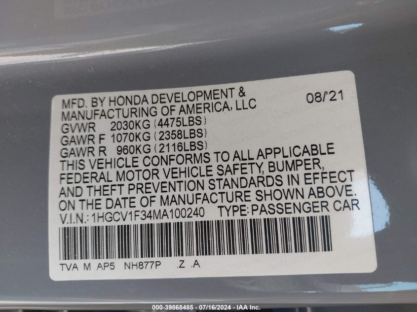 2021 Honda Accord Sport VIN: 1HGCV1F34MA100240 Lot: 39868485