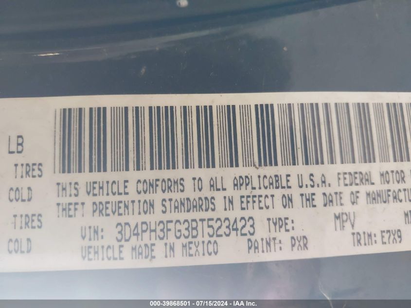 2011 Dodge Journey Crew VIN: 3D4PH3FG3BT523423 Lot: 39868501