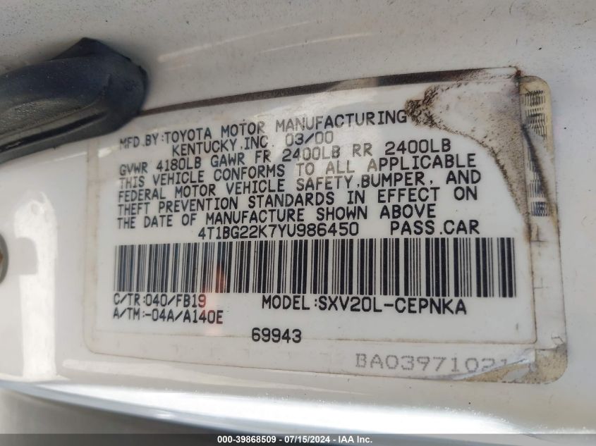 2000 Toyota Camry Le VIN: 4T1BG22K7YU986450 Lot: 39868509