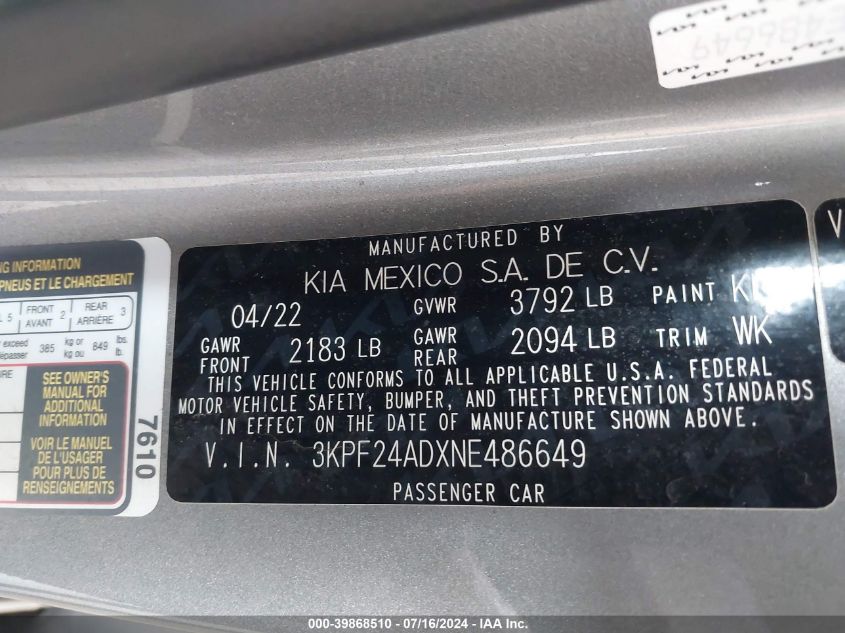 2022 Kia Forte Fe/Lxs VIN: 3KPF24ADXNE486649 Lot: 39868510