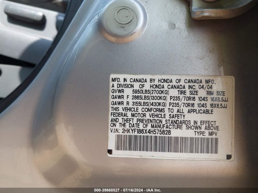 2004 Honda Pilot Exl VIN: 2HKYF186X4H575828 Lot: 39868527
