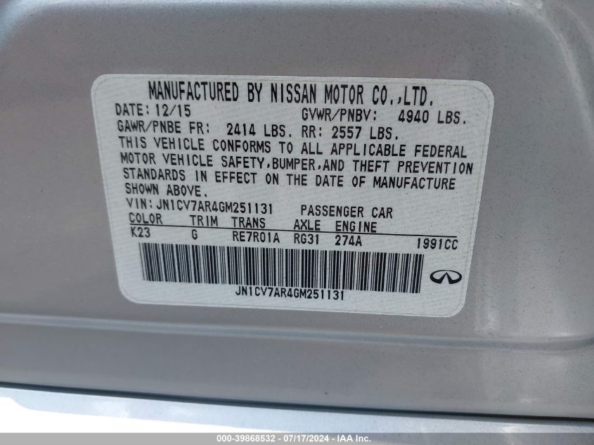 2016 INFINITI Q50 2.0T PREMIUM - JN1CV7AR4GM251131