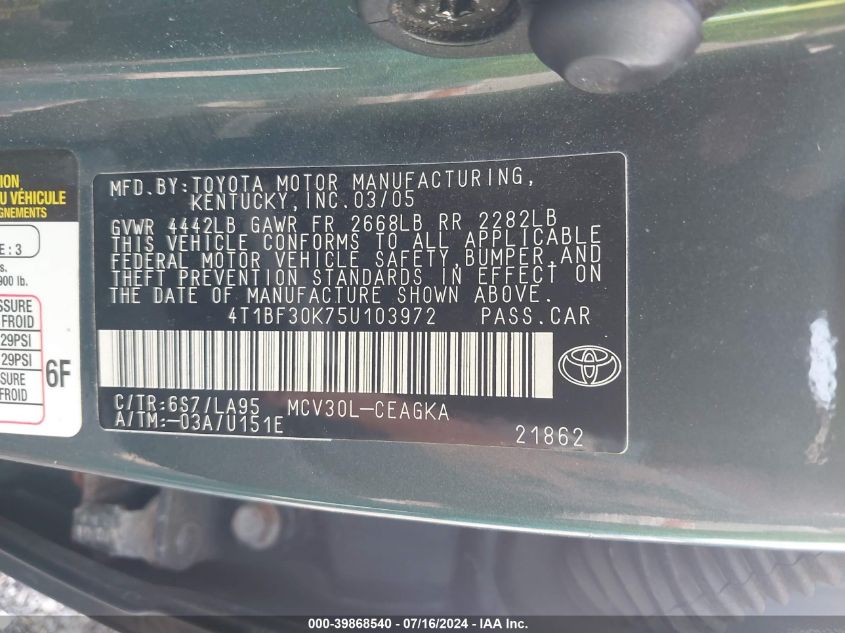 2005 Toyota Camry Le/Xle/Se VIN: 4T1BF30K75U103972 Lot: 39868540