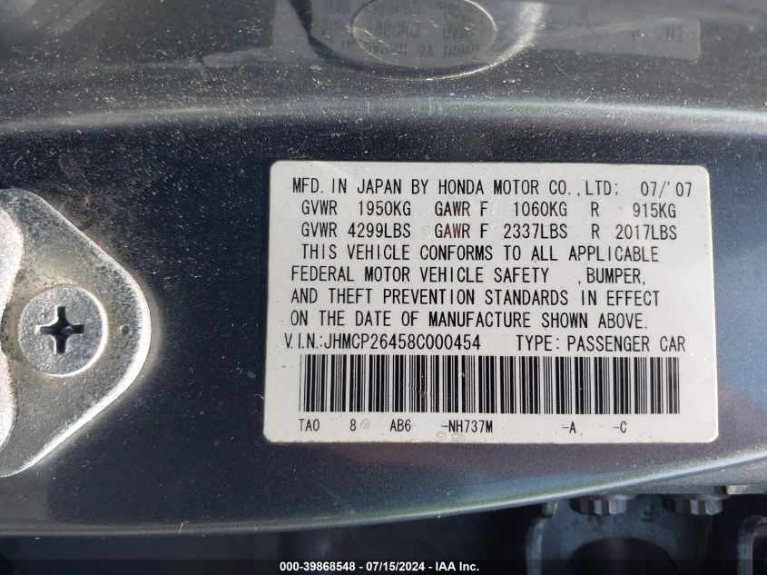 2008 Honda Accord 2.4 Lx-P VIN: JHMCP26458C000454 Lot: 39868548