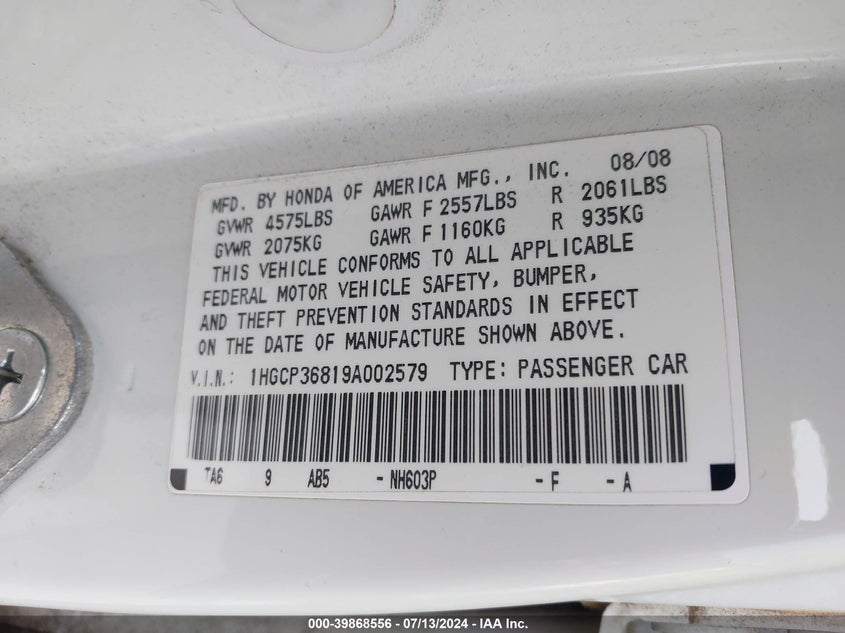 2009 Honda Accord 3.5 Ex-L VIN: 1HGCP36819A002579 Lot: 39868556