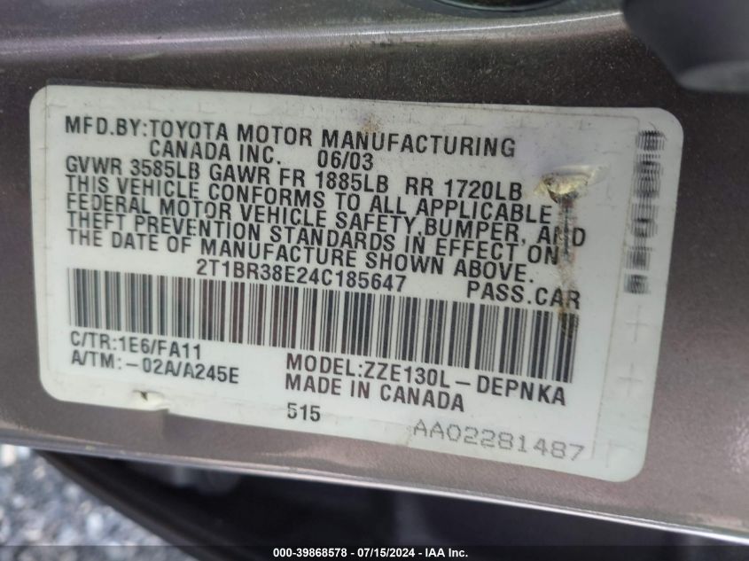 2T1BR38E24C185647 2004 Toyota Corolla Le