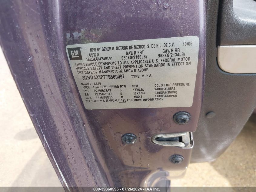 2007 Chevrolet Hhr Lt VIN: 3GNDA33P77S560097 Lot: 39868595