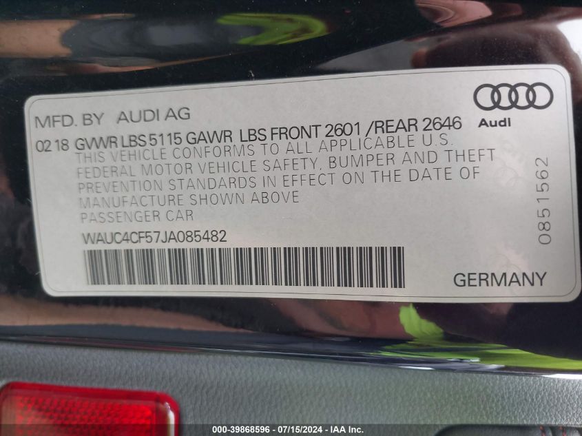 2018 Audi S5 3.0T Premium Plus VIN: WAUC4CF57JA085482 Lot: 39868596