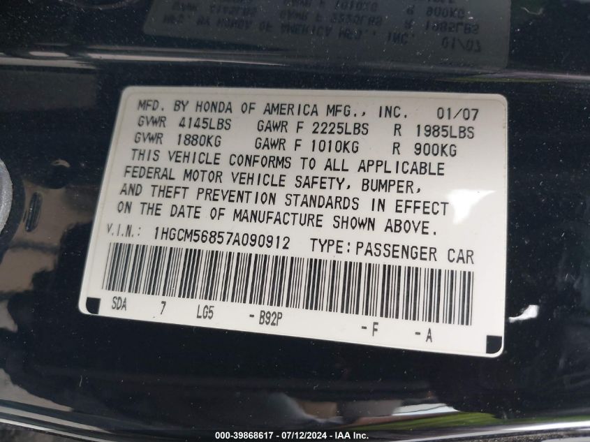 1HGCM56857A090912 | 2007 HONDA ACCORD