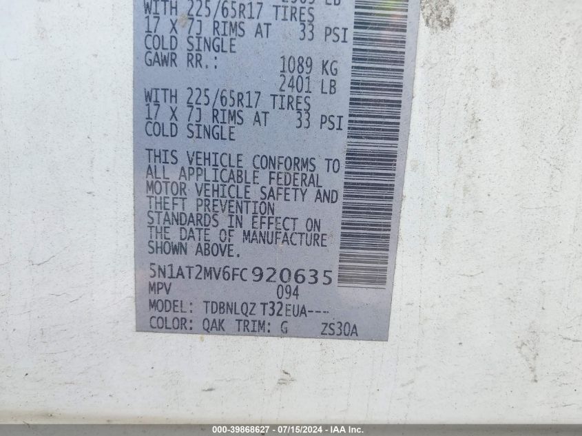 2015 Nissan Rogue Sv VIN: 5N1AT2MV6FC920635 Lot: 39868627