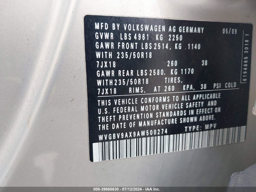 2010 Volkswagen Tiguan Sel VIN: WVGBV9AX9AW500274 Lot: 39868630