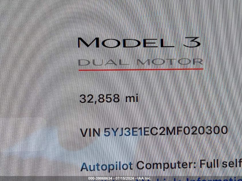 2021 Tesla Model 3 Performance Dual Motor All-Wheel Drive VIN: 5YJ3E1EC2MF020300 Lot: 39868634