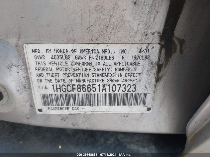 1HGCF86651A107323 2001 Honda Accord Value Package