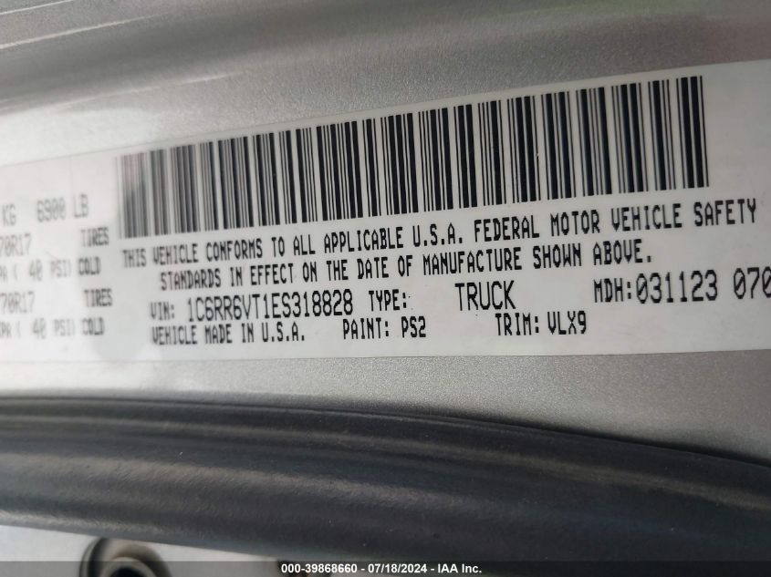 2014 Ram 1500 Laramie VIN: 1C6RR6VT1ES318828 Lot: 39868660