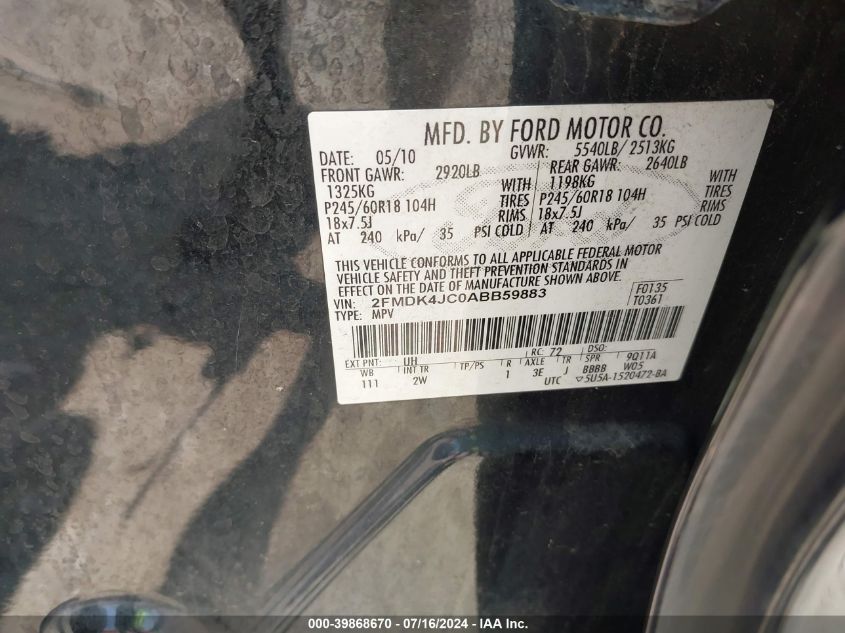 2010 Ford Edge Sel VIN: 2FMDK4JC0ABB59883 Lot: 39868670