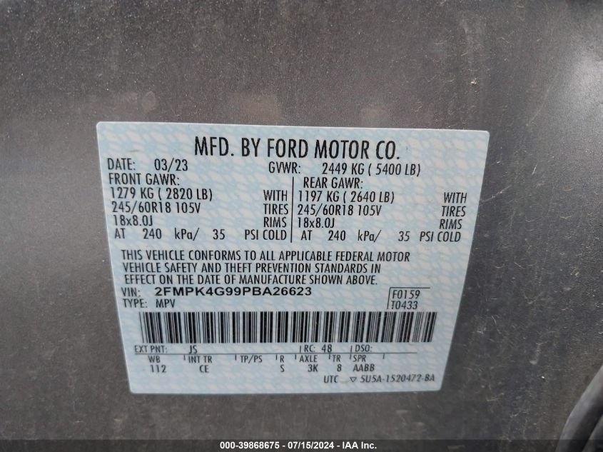 2023 Ford Edge Se VIN: 2FMPK4G99PBA26623 Lot: 39868675